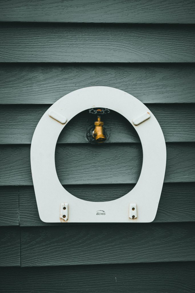 Unique art installation featuring a toilet seat and faucet on dark wood planks.